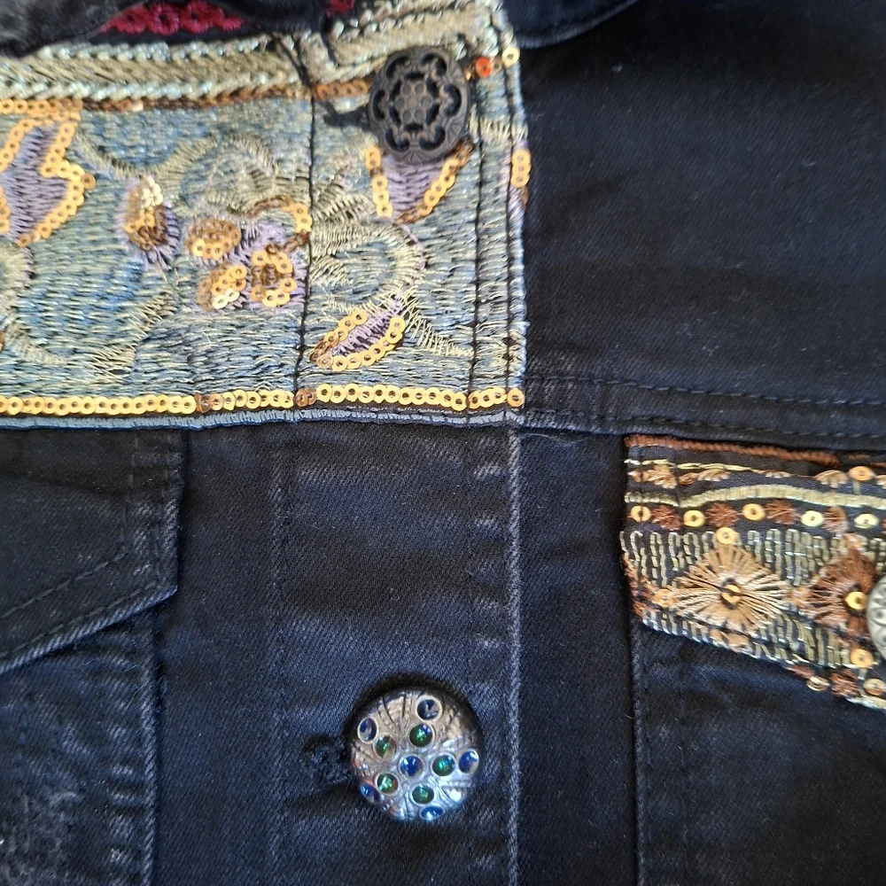 Desigual Jean Jacket With Crochet Knit Overlay Bimaterial Boho Embellished Denim - Picture 7 of 11